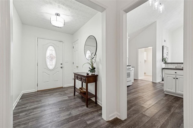 entrance foyer featuring dark hardwood / wood-style flooring, vaulted ceiling, and a textured ceiling