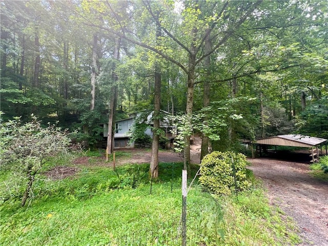 345 Banner Cir, Ellijay, GA 30540 - obstructed view of property featuring dirt driveway, a detached carport, and a wooded view