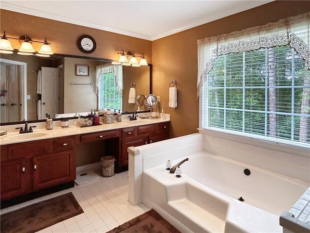 21 Picketts Ridge Ln, Acworth, GA 30101 - bathroom featuring a bath, double vanity, tile patterned floors, and ornamental molding