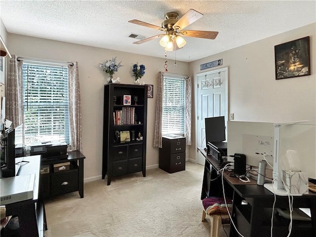 21 Picketts Ridge Ln, Acworth, GA 30101 - office area featuring plenty of natural light, ceiling fan, light carpet, a textured ceiling, and baseboards