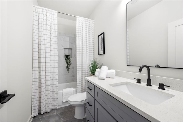 full bathroom featuring tile patterned flooring, shower / bath combination with curtain, toilet, and vanity