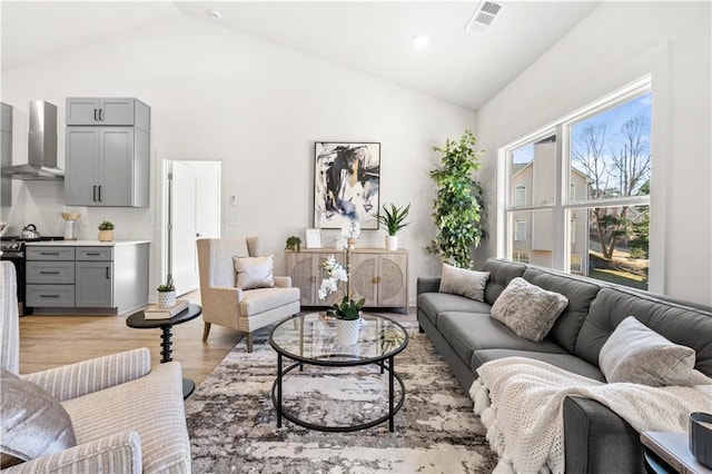 living room with light hardwood / wood-style floors and high vaulted ceiling