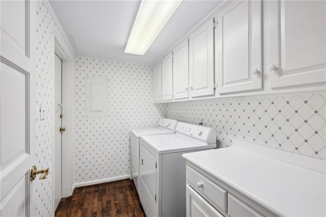 2769 Peachtree Rd NE Unit 7, Atlanta, GA 30305 - laundry room featuring cabinet space, independent washer and dryer, electric panel, and dark wood-style floors