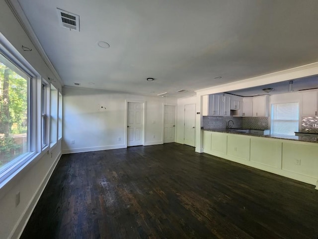 unfurnished living room with sink and dark hardwood / wood-style flooring