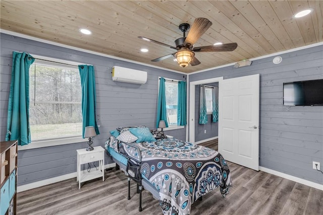 bedroom featuring wooden walls, a wall mounted air conditioner, recessed lighting, wooden ceiling, and wood finished floors