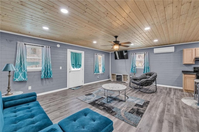 living area featuring a wall mounted air conditioner, wood finished floors, recessed lighting, baseboards, and wood ceiling