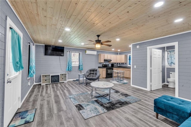 living room with recessed lighting, light wood-type flooring, and wood ceiling