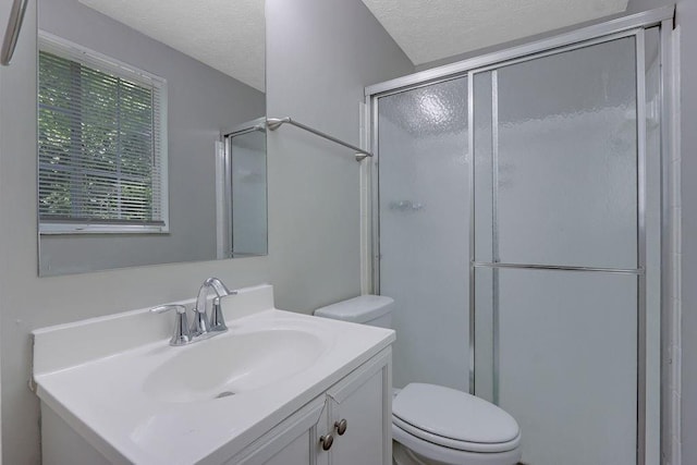 5295 Old Trail Cir, Stone Mountain, GA 30088 - bathroom with a textured ceiling, a stall shower, toilet, and vanity