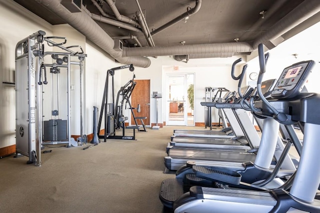 workout area featuring carpet flooring