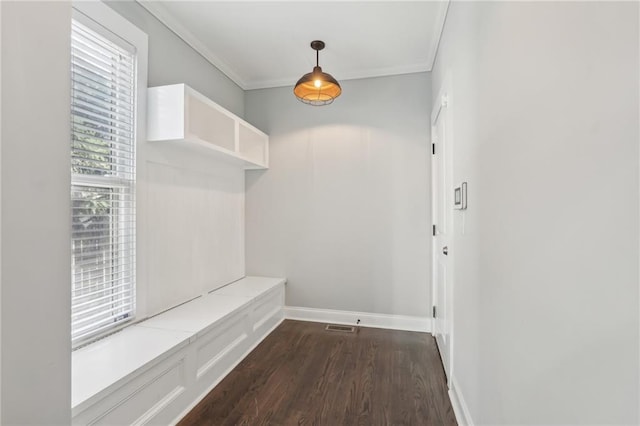 interior space with french doors, crown molding, and dark hardwood / wood-style flooring