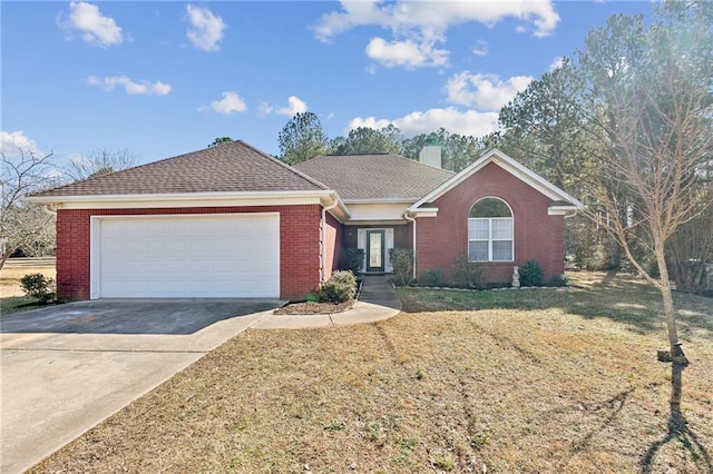 single story home with a garage and a front yard