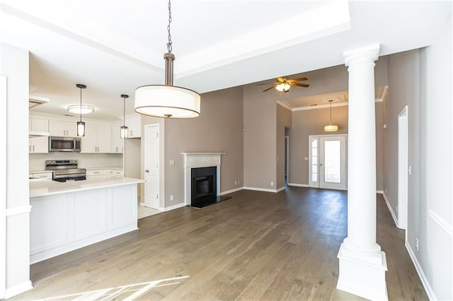 kitchen with white cabinetry, a raised ceiling, hardwood / wood-style floors, stainless steel appliances, and decorative columns