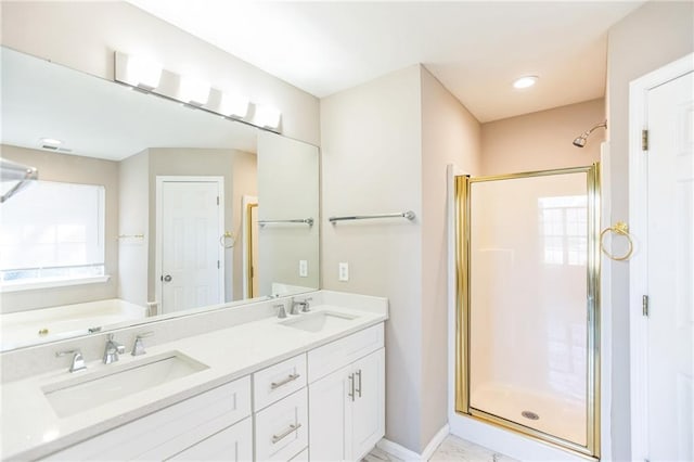 bathroom with vanity and plus walk in shower