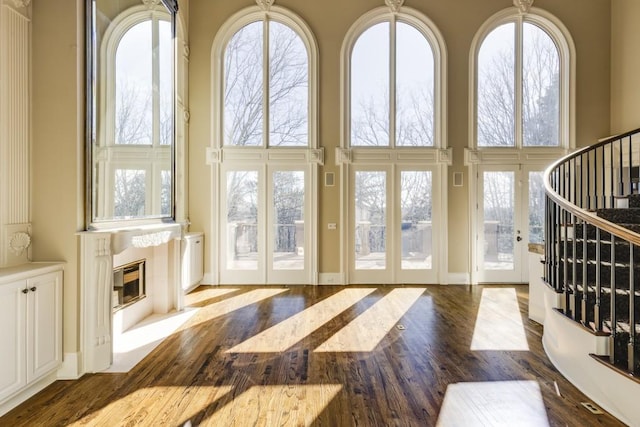 entryway featuring a towering ceiling and dark hardwood / wood-style floors