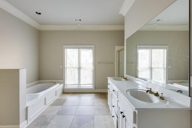 bathroom with independent shower and bath, vanity, tile patterned floors, and crown molding