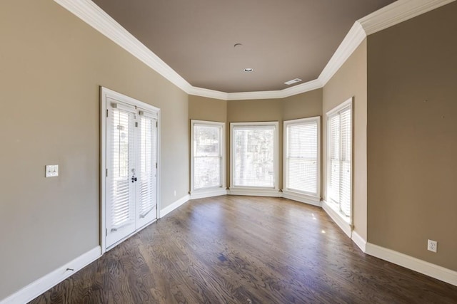 unfurnished room with dark hardwood / wood-style flooring and ornamental molding