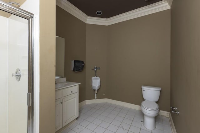 bathroom with ornamental molding, toilet, tile patterned flooring, and vanity