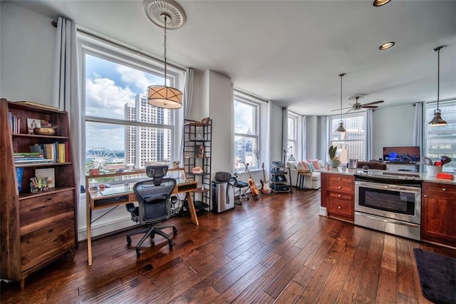 57 Forsyth St NW Unit 12B, Atlanta, GA 30303 - kitchen featuring stainless steel electric range, open floor plan, an office area, ceiling fan, and dark wood-style floors