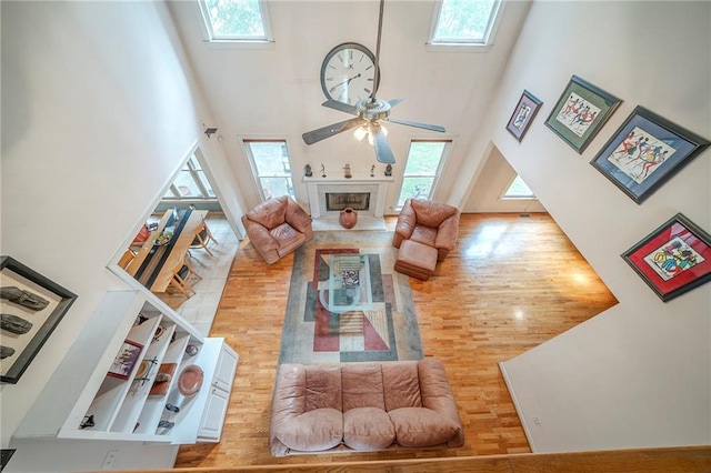 living area featuring a wealth of natural light, a towering ceiling, and wood finished floors