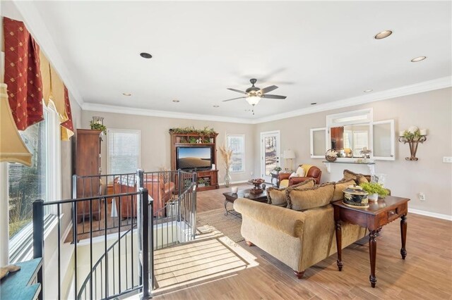 living room with ceiling fan, ornamental molding, and light hardwood / wood-style floors