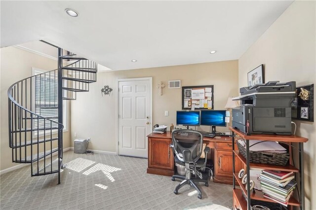 view of carpeted home office