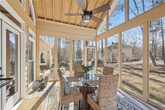 sunroom featuring wood ceiling, vaulted ceiling, and a healthy amount of sunlight