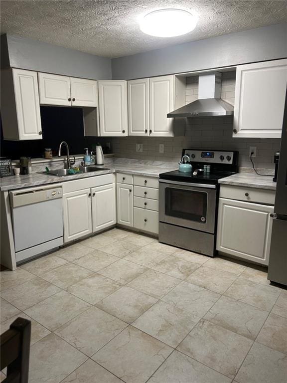 6658 Ramsgate Way, Norcross, GA 30093 - kitchen featuring wall chimney range hood, electric range, white dishwasher, a sink, and decorative backsplash
