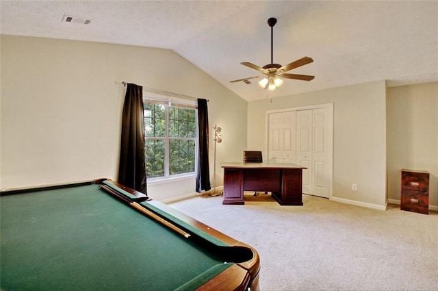 recreation room with pool table, lofted ceiling, light carpet, and ceiling fan