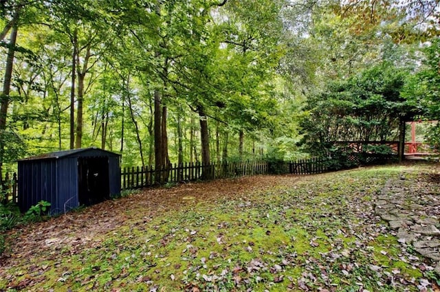 view of yard with a storage shed