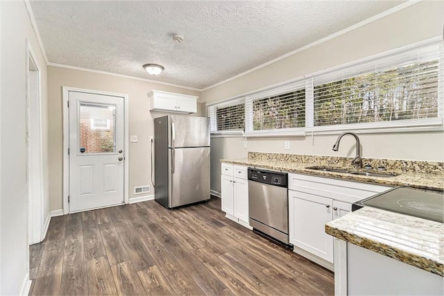 kitchen with stainless steel appliances, a wealth of natural light, a sink, and dark wood finished floors