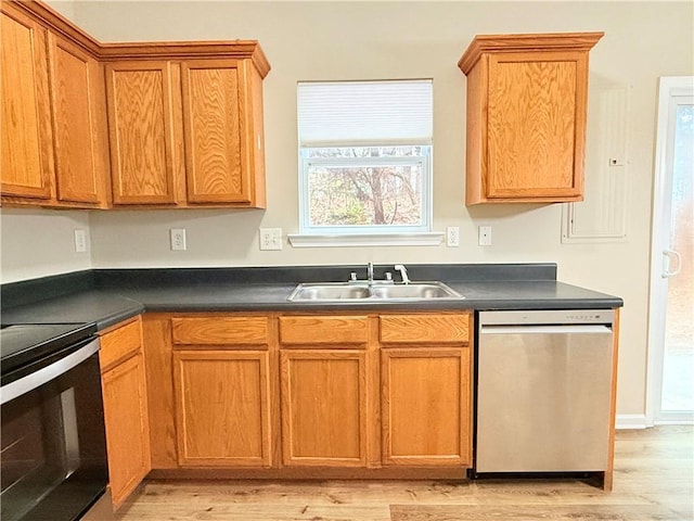 kitchen with sink, black electric range oven, stainless steel dishwasher, and light hardwood / wood-style floors