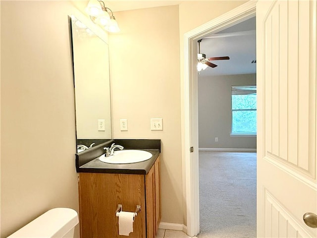 bathroom with ceiling fan, toilet, and vanity