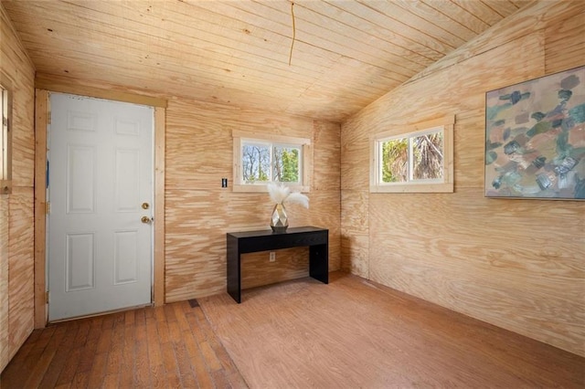 entryway featuring lofted ceiling, wooden ceiling, and wood-type flooring