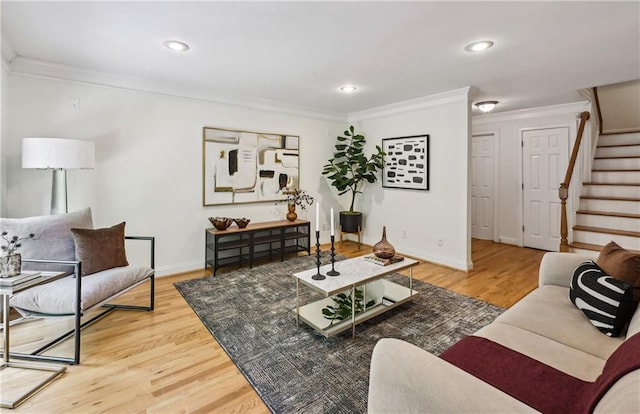 1634 Ponce De Leon Ave NE Unit 514, Atlanta, GA 30307 - living area with ornamental molding, stairs, wood finished floors, and recessed lighting