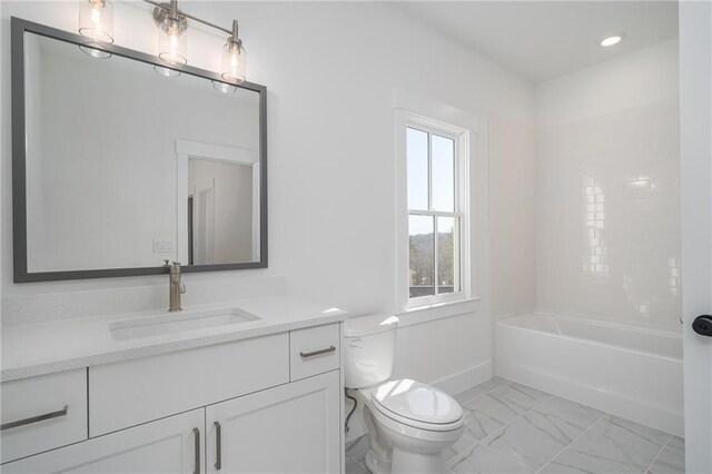 bathroom with marble finish floor, recessed lighting, toilet, vanity, and baseboards