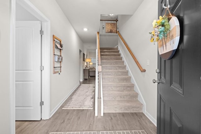 2046 Westbrook Rd, Commerce, GA 30530 - entryway featuring stairs, baseboards, wood finished floors, and recessed lighting