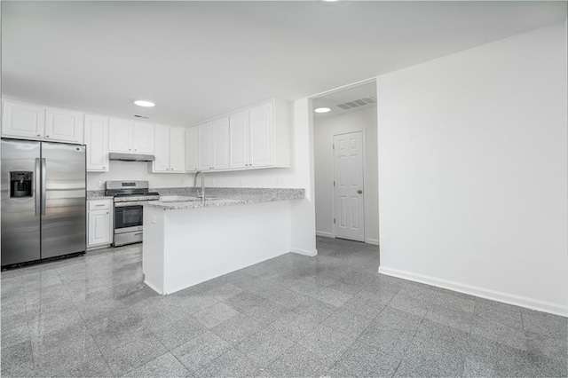 kitchen featuring stainless steel appliances, white cabinetry, light stone counters, and kitchen peninsula