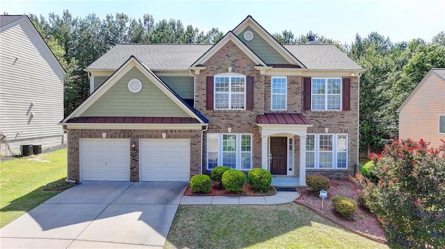 view of front of house featuring brick siding, concrete driveway, a front yard, cooling unit, and a standing seam roof