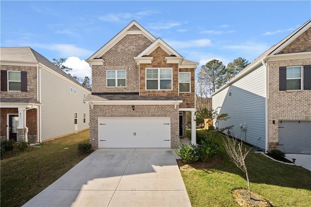 853 Bentley Dr, Fairburn, GA 30213 - craftsman house featuring an attached garage, brick siding, driveway, and a front lawn