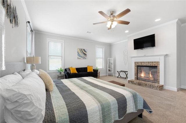 bedroom featuring light carpet, ceiling fan, crown molding, and baseboards