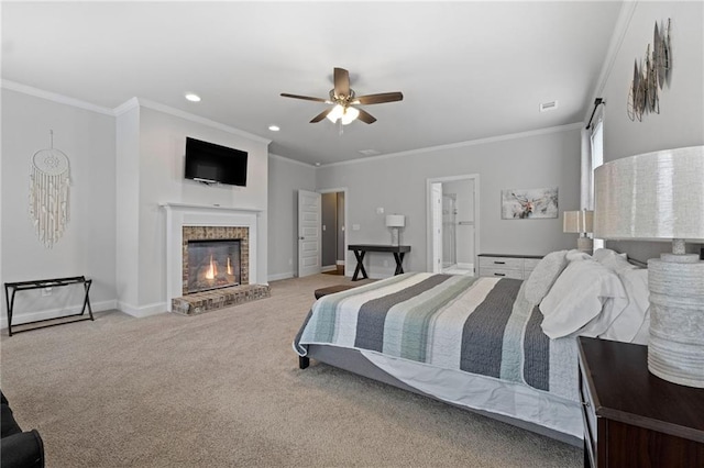 bedroom featuring ornamental molding, recessed lighting, carpet, baseboards, and a brick fireplace