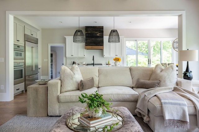 living room featuring sink and wood-type flooring