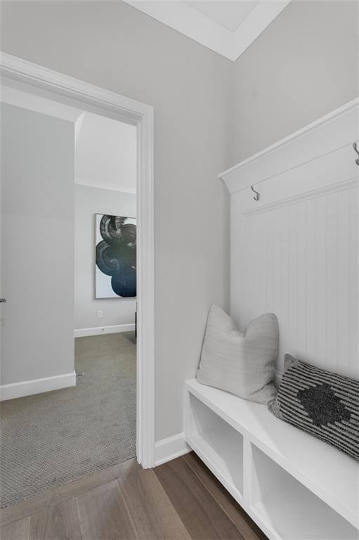 mudroom featuring dark carpet