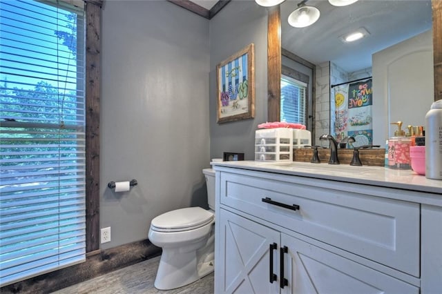 bathroom with a wealth of natural light, vanity, toilet, and wood finished floors