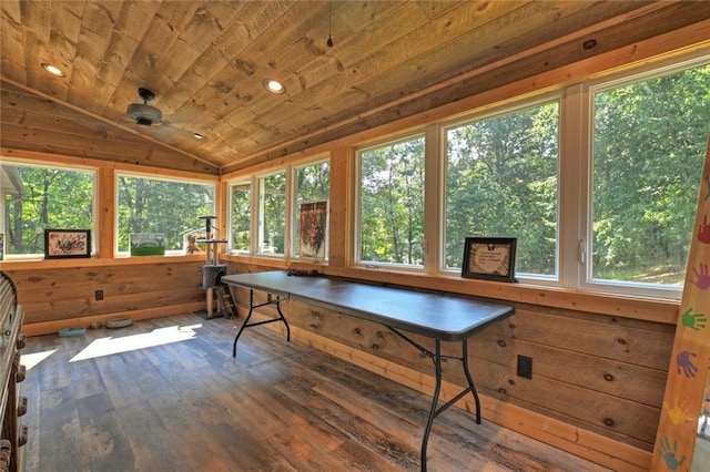 recreation room with lofted ceiling, a wealth of natural light, wooden ceiling, and hardwood / wood-style flooring