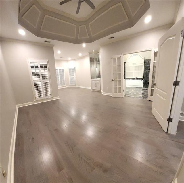 255 Carriage Station Dr, Lawrenceville, GA 30046 - unfurnished living room with wood finished floors, a ceiling fan, french doors, recessed lighting, and baseboards