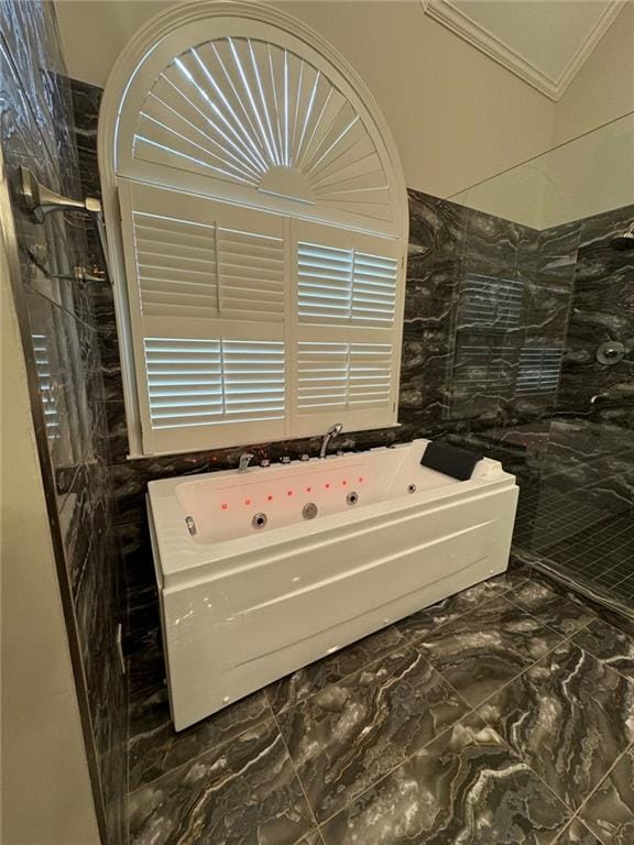 255 Carriage Station Dr, Lawrenceville, GA 30046 - full bathroom featuring marble look tiles, a whirlpool tub, and crown molding