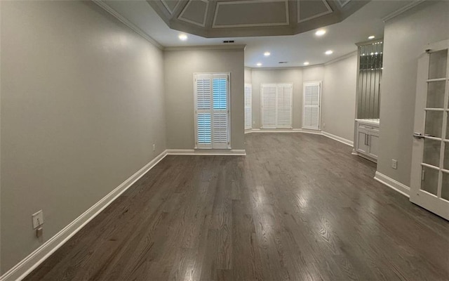255 Carriage Station Dr, Lawrenceville, GA 30046 - empty room featuring ornamental molding, dark wood finished floors, baseboards, recessed lighting, and coffered ceiling