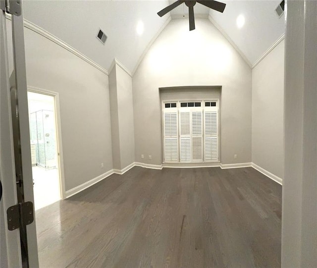 255 Carriage Station Dr, Lawrenceville, GA 30046 - unfurnished room with a ceiling fan, dark wood-style flooring, baseboards, recessed lighting, and high vaulted ceiling