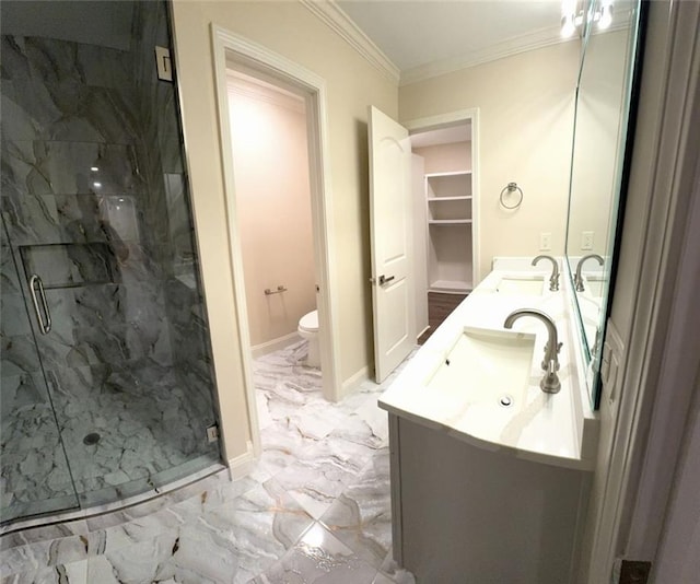 255 Carriage Station Dr, Lawrenceville, GA 30046 - bathroom featuring double vanity, a marble finish shower, toilet, marble finish flooring, and ornamental molding